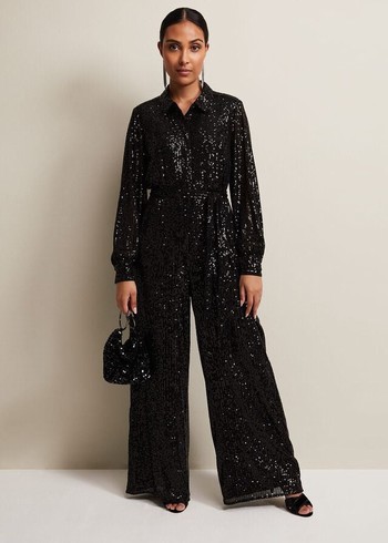 Phase Eight Petite Alessandra Sequin Jumpsuit Black USA | 5380964-CX